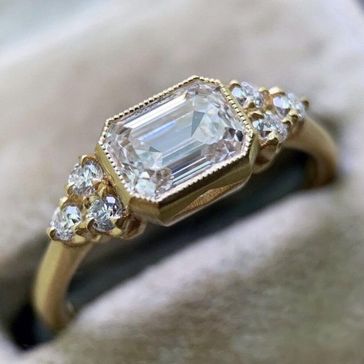 Emerald Cut Colorless Moissanite Engagement Ring, Milgrain Bezel Set Ring, Vintage Art Deco Ring For Women,7 Stone Wedding Ring for Bridal