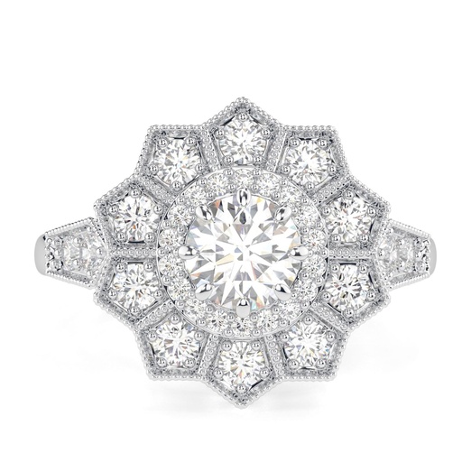 Round Cut Diamond Halo Floral Style Engagement Ring For Women