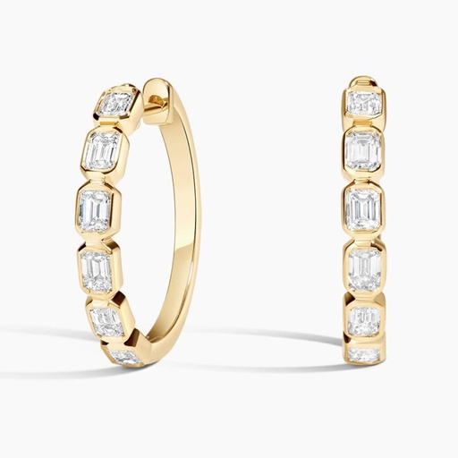 Emerald Cut Yellow Gold Bezel Set Hoop Earrings for Women, Handmade Jewelry, Fine Jewelry