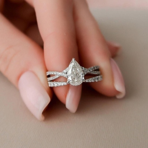 Pear Cut Lab-Grown Diamond Twisted Bridal Set with Open Stack Ring, Lab Created Diamond Engagement Ring, Solid Gold Wedding Ring for Her