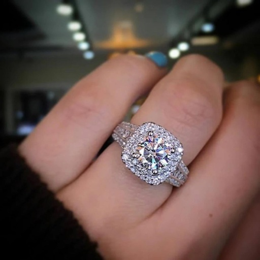 Round Diamond Engagement Ring, Double Halo  Ring, 14K White Gold Wedding Ring, Anniversary Gift For Her