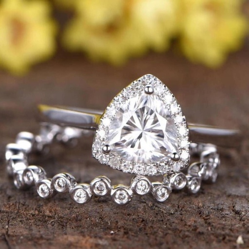 Trillion cut engagement ring set, diamond wedding band,2pcs rings, full eternity diamond promise ring