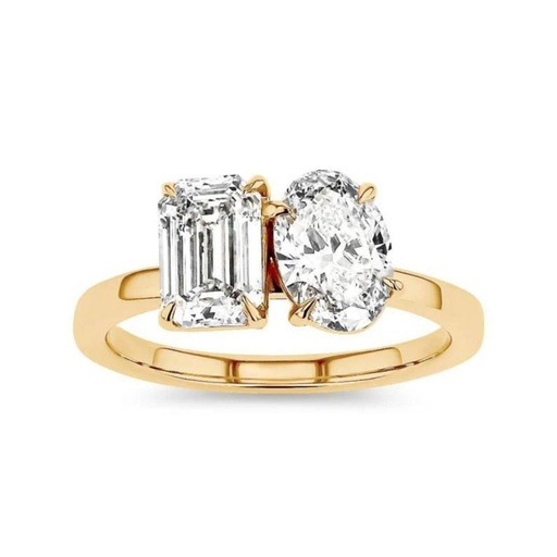  Emerald & Oval Cut Moissanite Toi Et Moi Ring In Yellow Gold