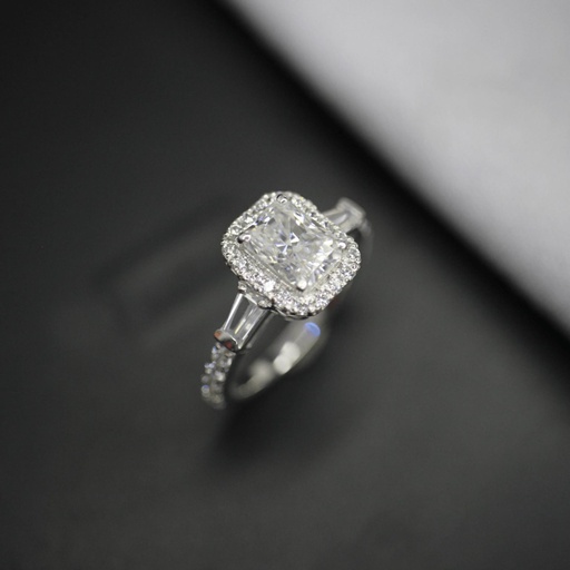  Radiant And Baguette Cut Halo Moissanite Ring