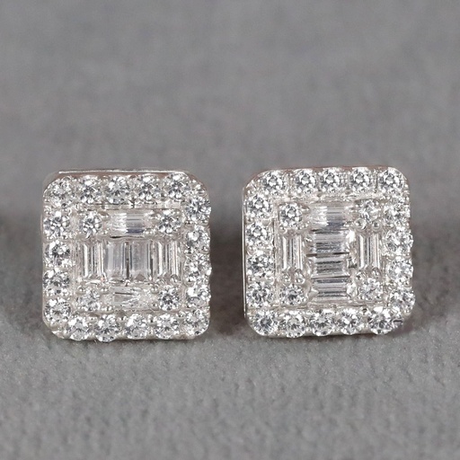 Beauty with graceful round and baguette cut diamond studded earring in 14 kt white gold for women wore at any occasion