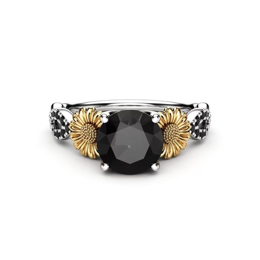  Black Round Cut Diamond Sunflower Two Tone Engagement  Ring For Women