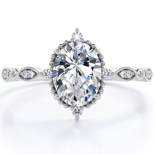 Oval Shape Moissanite 5-Stone Milgrain Decorative Engagement Ring In 18K White Gold Plating Over Silver