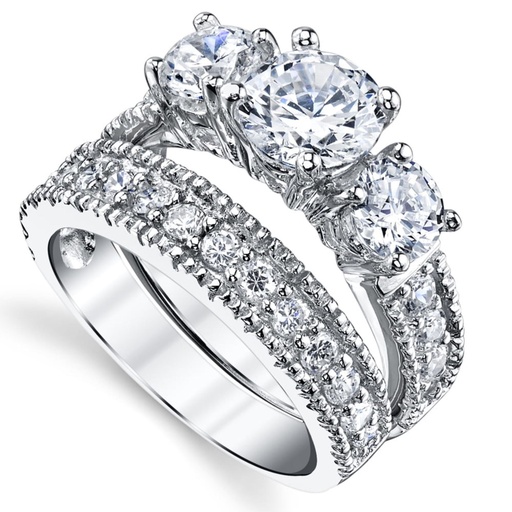 Metal Masters Women's Sterling Silver Past Present Future Bridal Set Engagement Wedding Ring Cubic Zirconia 7